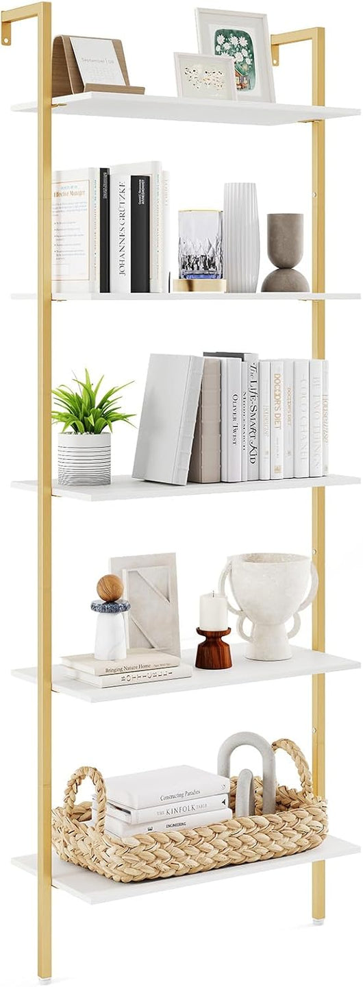 Scaffale a Scala a 5 Ripiani, Libreria da Parete Salvaspazio in Legno Moderno, Scaffale Portaoggetti per Soggiorno, Studio e Camera da Letto, 64 × 30 × 178 cm, Bianco