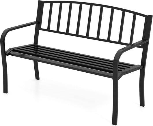 Panchina da Esterno per 2-3 Persone, Panca da Giardino con Schienale a Listelli e Braccioli Curvi, Sedia in Metallo per Portico, Cortile e Parco (Nero, 127 x 59 x 85.5 cm)