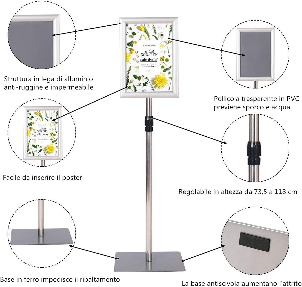 A4 Poster Stand, Espositore da Pavimento, Supporto Poster/Menù per Pubblicità da Terra, Girevole a 360 Gradi, Regolabile in Altezza (Argento A4)