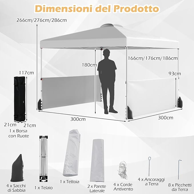 Gazebo Pieghevole 3 x 3 m da Esterno Impermeabile, Gazebo da Esterno con Borsa da Trasporto con Ruote, Tenda Pop-up Regolabile in Altezza per Giardino, Spiaggia, Feste e Barbecue (Bianco)