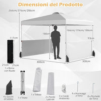 Gazebo Pieghevole 3 x 3 m da Esterno Impermeabile, Gazebo da Esterno con Borsa da Trasporto con Ruote, Tenda Pop-up Regolabile in Altezza per Giardino, Spiaggia, Feste e Barbecue (Bianco)