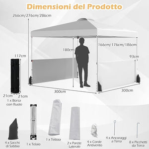 Gazebo Pieghevole 3 x 3 m da Esterno Impermeabile, Gazebo da Esterno con Borsa da Trasporto con Ruote, Tenda Pop-up Regolabile in Altezza per Giardino, Spiaggia, Feste e Barbecue (Bianco)