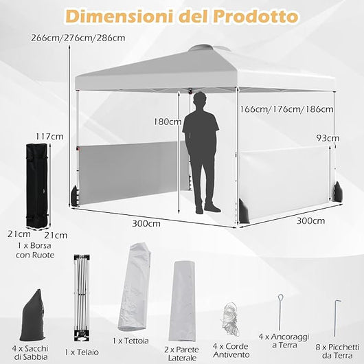 Gazebo Pieghevole 3 x 3 m da Esterno Impermeabile, Gazebo da Esterno con Borsa da Trasporto con Ruote, Tenda Pop-up Regolabile in Altezza per Giardino, Spiaggia, Feste e Barbecue (Bianco)