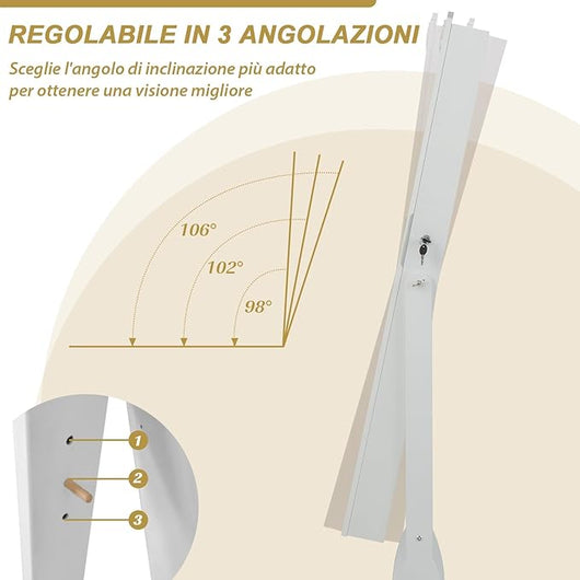Armadio Portagioie da Terra con Ruote, Specchio Portagioie con Luci LED, Specchio a Figura Intera, Angolo Regolabile, Organizer per Gioielli (Bianco, 45 x 35 x 157 cm, Con Cassetto)