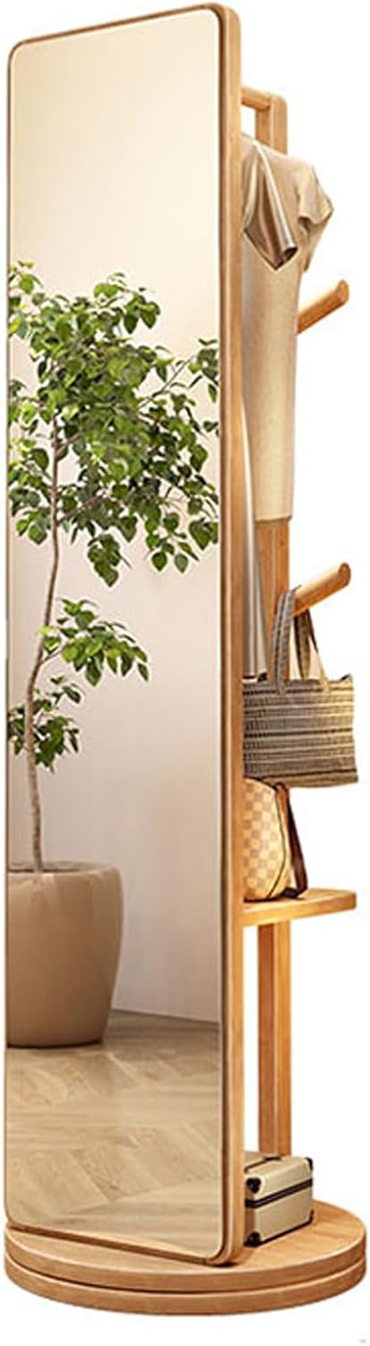 Specchio a Figura Intera con attaccapanni, Girevole a 360°, 2 in 1, con Cornice in Legno, Decorazione per Camera da Letto/Soggiorno