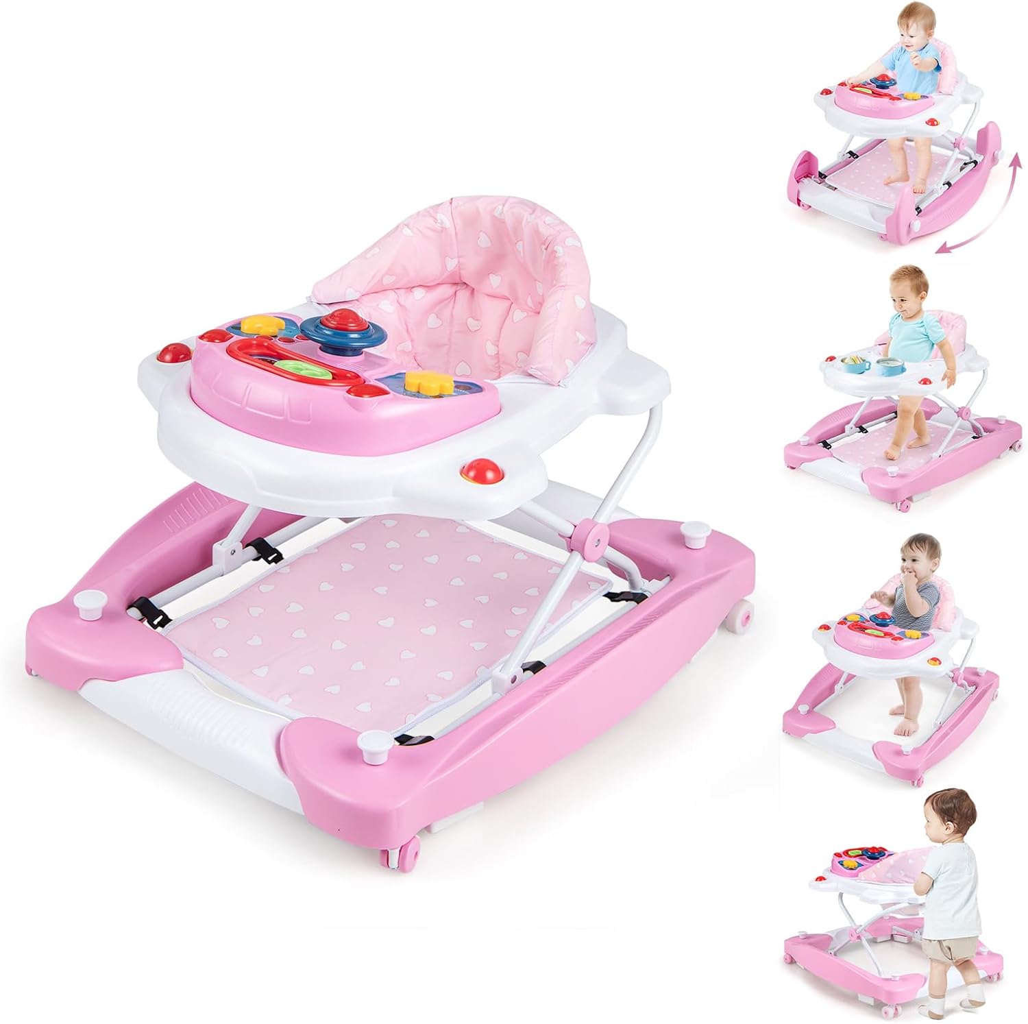 Girello per Bambini 6 in 1, Primi Passi per Neonati con Altezza Regolabile, Sedia a Dondolo per Bambini, Girello Pieghevole con Vassoio Musicale, Cuscino, per Bambini 6+ Mesi (Rosa)