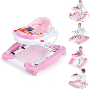 Girello per Bambini 6 in 1, Primi Passi per Neonati con Altezza Regolabile, Sedia a Dondolo per Bambini, Girello Pieghevole con Vassoio Musicale, Cuscino, per Bambini 6+ Mesi (Rosa)