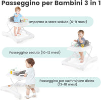 3 in 1 Girello per Bambini, Girello Pieghevole per Bambini, con 3 Altezze Regolabili, Sedile Imbottito e Piatto Giocattolo Rimovibile, Girello a Spinta con Ruote, per Bambini 6+ Mesi (Grigio)
