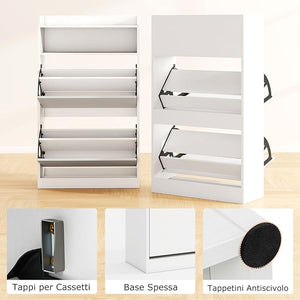 Scarpiera Slim in Legno, Portascarpe a 4 Livelli con 2 Cassetti a Ribalta, con Ripiano Aperto, Mobile Porta Scarpe per Ingresso Corridoio, 60x24x102 cm (Bianco)