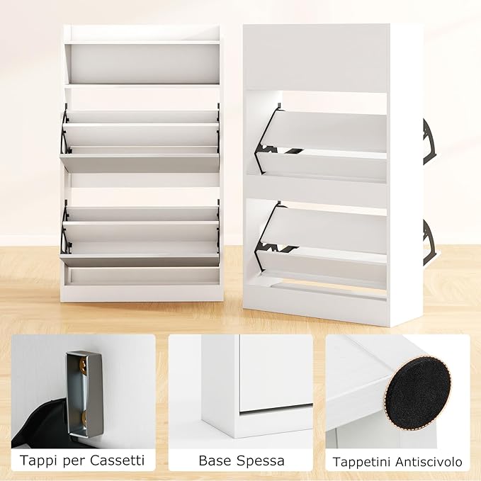 Scarpiera Slim in Legno, Portascarpe a 4 Livelli con 2 Cassetti a Ribalta, con Ripiano Aperto, Mobile Porta Scarpe per Ingresso Corridoio, 60x24x102 cm (Bianco)