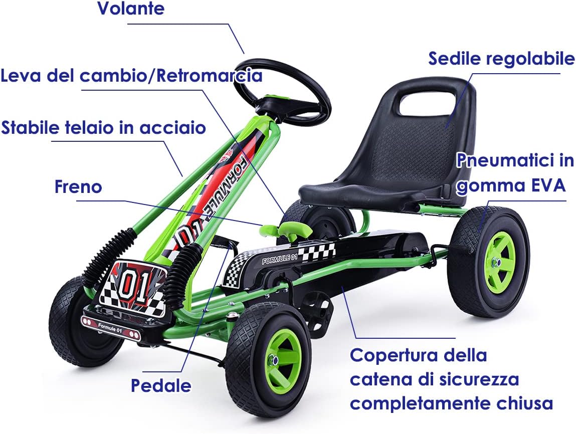 Go Kart a Pedali per Bambini, con Sedile Regolabile e Freno a Mano, Go Kart Veicolo per Bambini 3-8 Anni, Portata Massima 30 kg (Verde)