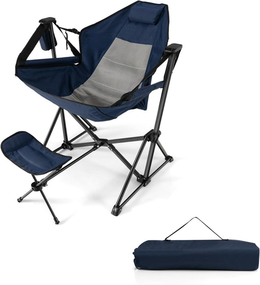 Amaca Sedia da campeggio, sedia pieghevole e portatile con poggiapiedi retrattile, schienale regolabile, poggiatesta e portabicchieri, borsa da trasporto, poltrona a dondolo per esterni (blu