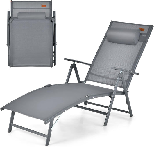 Lettino Prendisole Pieghevole, Schienale Regolabile in 7 Posizioni, Sdraio da Giardino in Textilene con Braccioli, Poggiatesta, Capacità di 150 kg, 142 x 61 x 103 cm (Grigio)