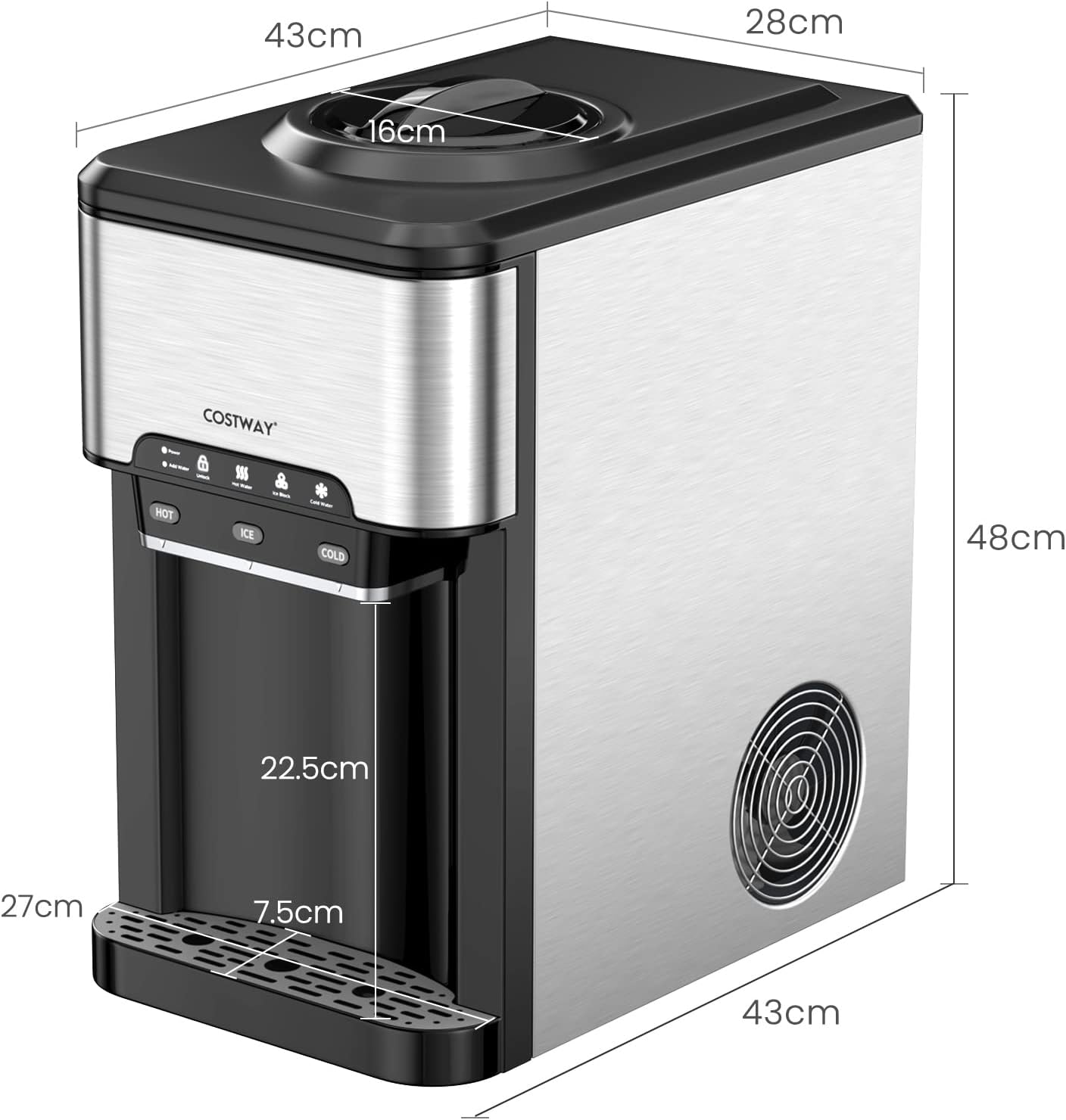 Erogatore Acqua 3 in 1, con Macchina del Ghiaccio, Dispender Acqua con 3 Impostazioni di Temperatura Caldo/Freddo/Ghiaccio, Regge Bottiglie 10-20 L, per Casa Ufficio Dormitorio