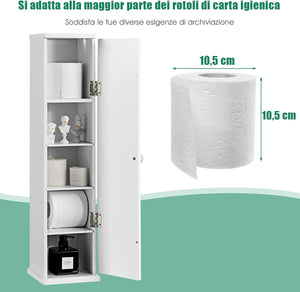 Armadietto Verticale, Armadietto Porta Carta Igienica con 3 Mensole Smontabili, 4 Livelli con Grande Capacità e Dimensione Compatta, Ideale per Camera da Letto Salone Bagno, Bianco