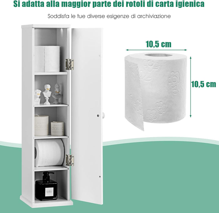 Armadietto Verticale, Armadietto Porta Carta Igienica con 3 Mensole Smontabili, 4 Livelli con Grande Capacità e Dimensione Compatta, Ideale per Camera da Letto Salone Bagno, Bianco