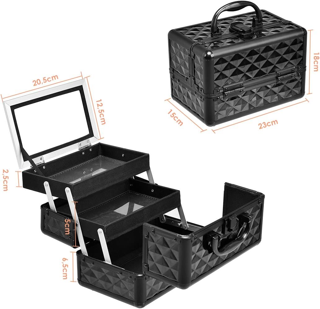 Astuccio per Cosmetici, Scatola per Trucchi, Multiuso con Specchio, Vari Colori Disponibili (Nero)