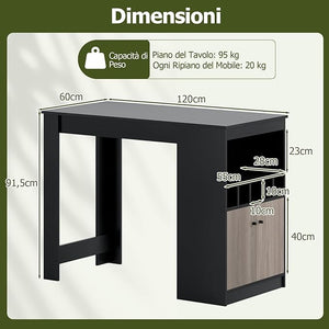 Tavolo da Pranzo 120 x 60 x 91,5 cm, Tavolo Cucina Salvaspazio con Scomparti, Armadietto e Ripiano Regolabile, Scrivania Moderno per Sala da Pranzo e Soggiorno, Nero