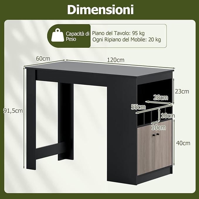 Tavolo da Pranzo 120 x 60 x 91,5 cm, Tavolo Cucina Salvaspazio con Scomparti, Armadietto e Ripiano Regolabile, Scrivania Moderno per Sala da Pranzo e Soggiorno, Nero