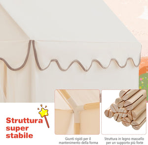 Tenda da Gioco per Bambini, Casetta per Bambini con Struttura in Solido Legno, Tappetino di Cotone, Tenda a Rete e Finestre, 105x120x140 cm (Beige)
