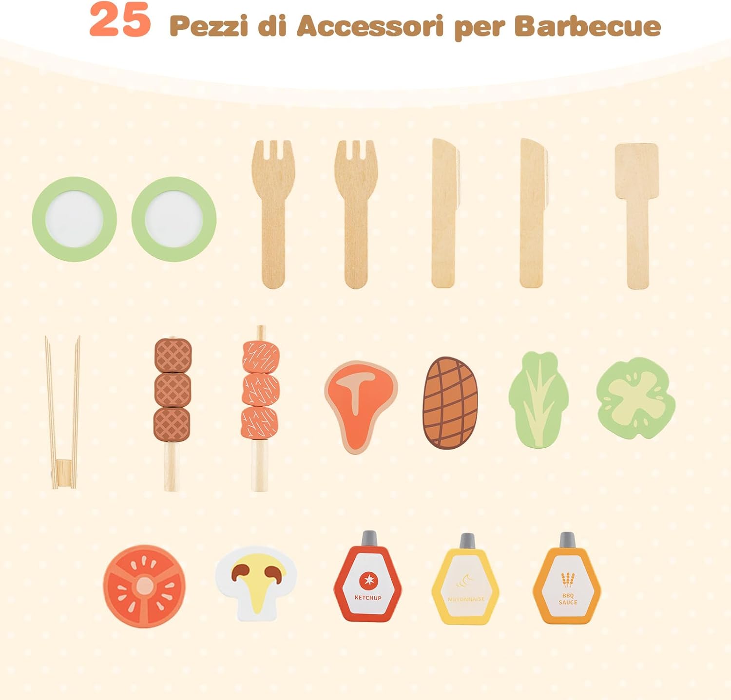 Cucina Giocattolo per Giardino Set di Griglia per Barbecue, Cucina per Bambini in Legno di Abete con Lavagna e Lavello, Set Cucina con 25 Accessori BBQ, 69 x 40 x 90 cm, per Bambini 3+ Anni