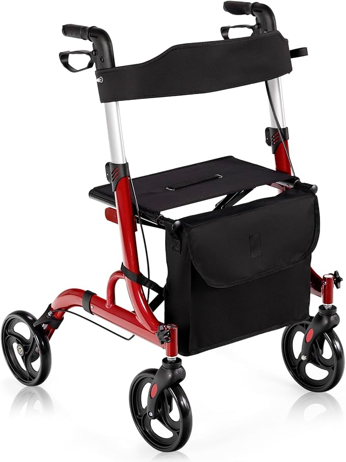 Deambulatore con Seduta 2 in 1, Rollator Pieghevole, Deambulatore per Anziani con 4 Ruote, Maniglie Regolabili Freni, con Doppia Funzione Schienale Reversibile e Borsa Portaoggetti (Rosso)