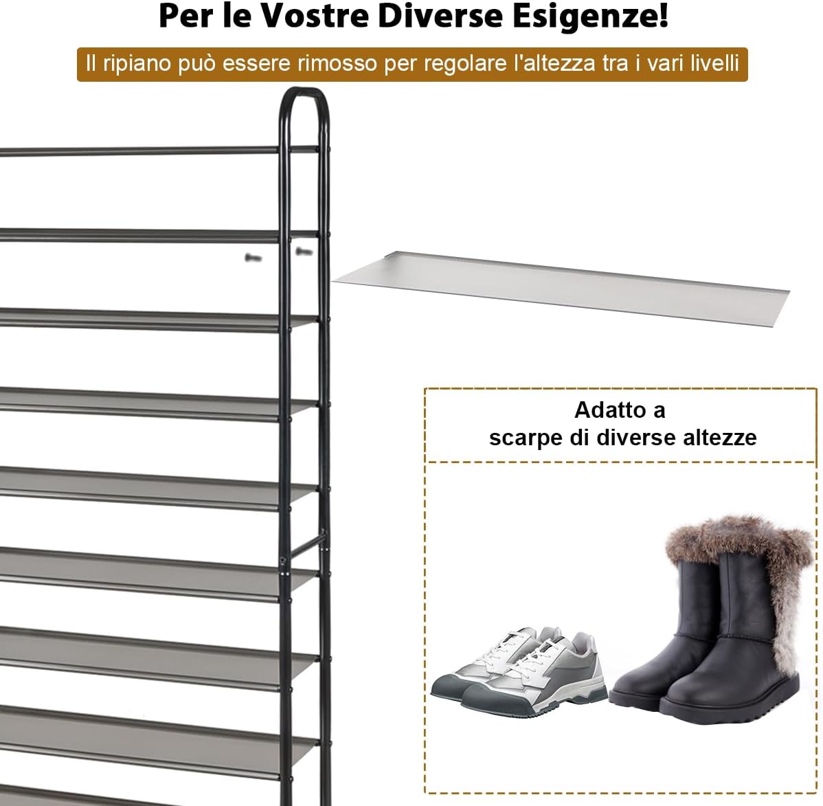 Scarpiera a 10 Ripiani Rimovibile, Organizzatore per Scarpe da 50 Paia, Struttura in Metallo, Ampia Capacità per Ingresso Soggiorno Camera da Letto, 66x29x152 cm