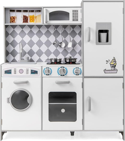 Cucina Giocattolo per Bambini, Cucina per Bambini in Legno con Forno, Microonde, Macchina del Ghiaccio, Lavatrice, Lavello e Rubinetto, Con Suoni e Luci Reali, per Bambini 3+ Anni