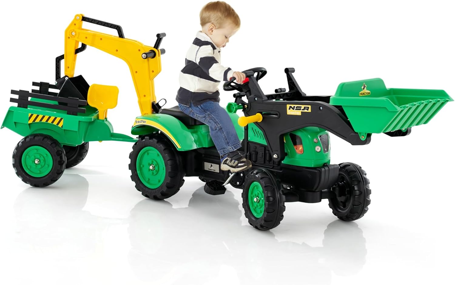 3 in 1 Escavatore per Bambini, Trattore con Rimorchio Staccabile Cavalcabile per Bambini, con 6 Ruote e 2 Benne, per Bambini 3-6 Anni (Verde)