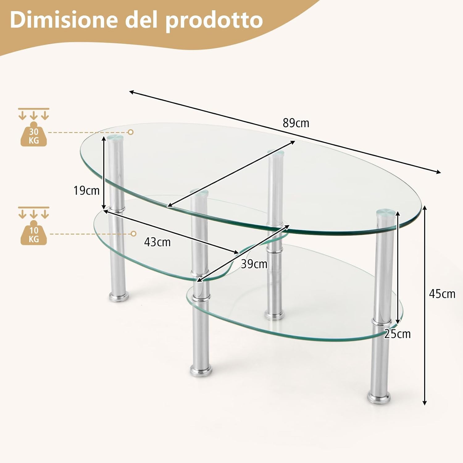 Tavolino da Salotto in Vetro Temperato Moderno, Tavolo Basso e Ovale con Piano Spazioso e 3 Livelli, Ideale per Soggiorno e Ufficio, 89 x 49 x 45 cm (Trasparente)