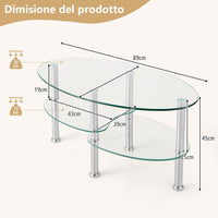 Tavolino da Salotto in Vetro Temperato Moderno, Tavolo Basso e Ovale con Piano Spazioso e 3 Livelli, Ideale per Soggiorno e Ufficio, 89 x 49 x 45 cm (Trasparente)