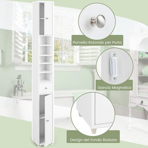 Armadio da Terra Alto, Mobile Colonna Bagno con 2 Ante 1 Cassetto e 5 Ripiani Regolabili, Mobile Bagno Salvaspazio per Bagno Soggiorno Camera da Letto, 20x20x180cm (Bianco)