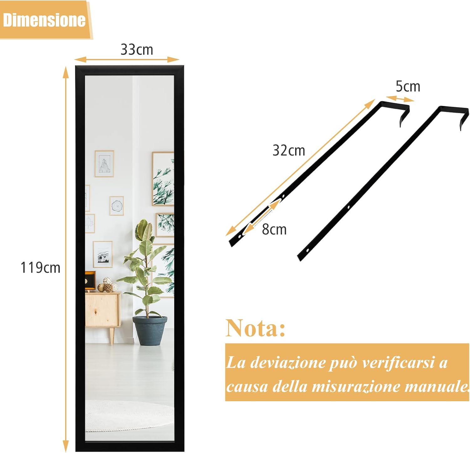 Specchio a Figura Intera Sopra la Porta, Specchio da Parete Lungo con Ganci per la Porta, Ideale per Camera da Letto Soggiorno Ingresso, 33x119 cm (Nero)