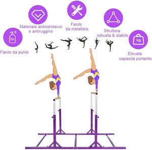 Parallele Doppie per Ginnastica, Sbarre Orizzontali Doppie con Larghezza Regolabile e 11 Altezze, capacità di Carico di 100 kg, Sbarre di Allenamento per Bambini 6-12 Anni