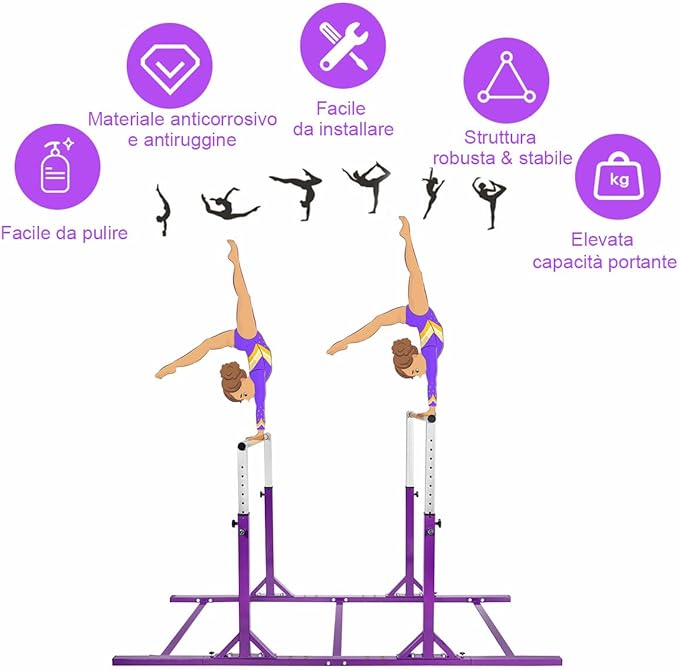 Parallele Doppie per Ginnastica, Sbarre Orizzontali Doppie con Larghezza Regolabile e 11 Altezze, capacità di Carico di 100 kg, Sbarre di Allenamento per Bambini 6-12 Anni