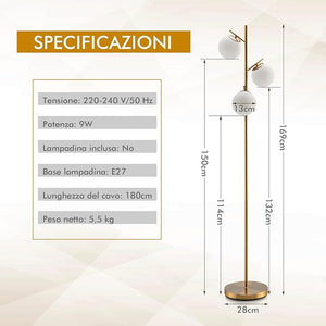 Lampada da Terra a 3 Globi, Lampada a Stelo Moderna con Comodo Interruttore a Pedale, 3 Basi per Lampadine e Robusto Palo in Metallo, Ideale per Salotto, Camera da Letto e Studio