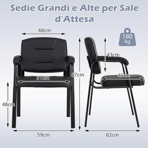 Set di 2 Sedie da Ufficio, Sedia per Sala d'Attesa con Struttura in Metallo, Braccioli Imbottiti, Sedia da Ospiti per Ufficio Riunioni, Portata 180kg (Nero)
