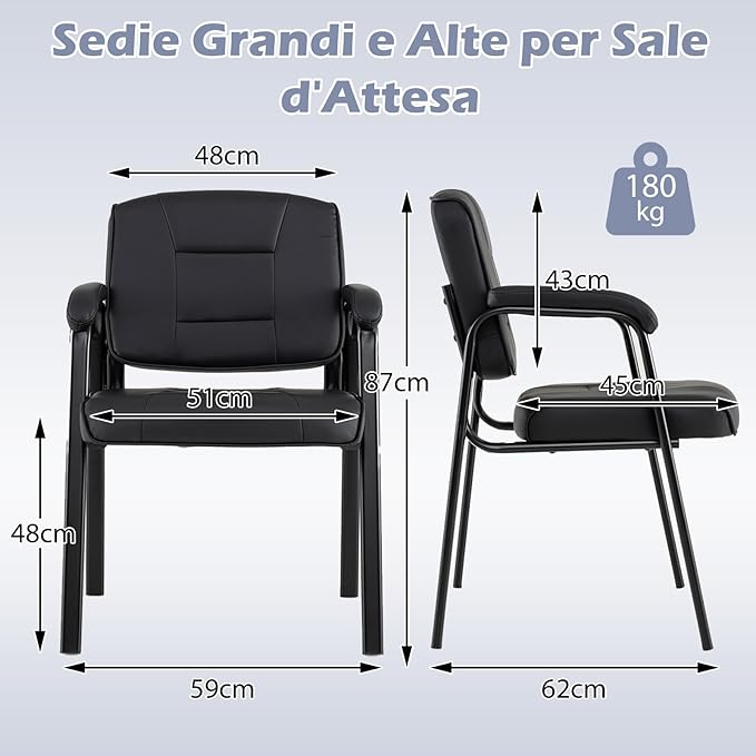 Set di 2 Sedie da Ufficio, Sedia per Sala d'Attesa con Struttura in Metallo, Braccioli Imbottiti, Sedia da Ospiti per Ufficio Riunioni, Portata 180kg (Nero)