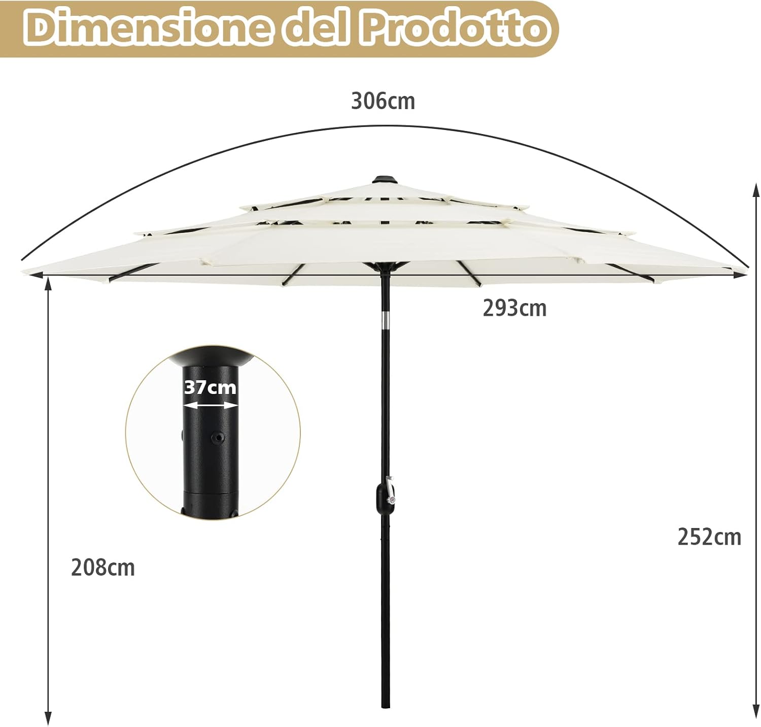 Ombrellone da Giardino 293 cm a 3 Livelli, Ombrellone da Esterno con Doppia Ventilazione, Inclinazione Regolabile, con Manovella 8 Stecche, Ombrellone da Spiaggia Giardino Piscina (Beige)
