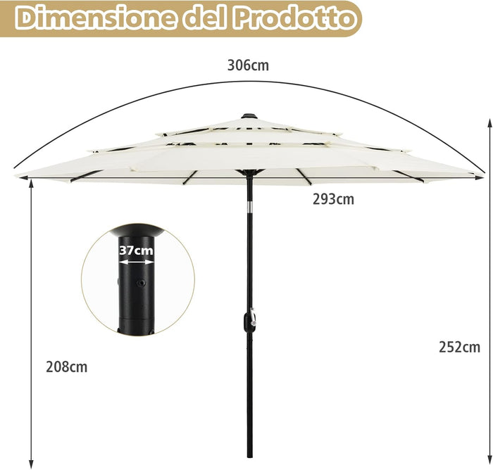 Ombrellone da Giardino 293 cm a 3 Livelli, Ombrellone da Esterno con Doppia Ventilazione, Inclinazione Regolabile, con Manovella 8 Stecche, Ombrellone da Spiaggia Giardino Piscina (Beige)