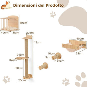 Mensole da Parete per Gatti da Arrampicata, Set Mobili a Murocon 4 Livelli, Amaca, Posto per Graffiare e Tappetini, Albero Tiragraffi Salvaspazio (Modello 5)