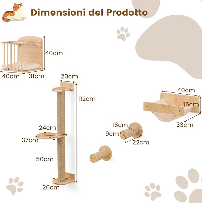 Mensole da Parete per Gatti da Arrampicata, Set Mobili a Murocon 4 Livelli, Amaca, Posto per Graffiare e Tappetini, Albero Tiragraffi Salvaspazio (Modello 5)