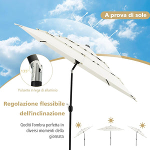 Ombrellone da Giardino 293 cm a 3 Livelli, Ombrellone da Esterno con Doppia Ventilazione, Inclinazione Regolabile, con Manovella 8 Stecche, Ombrellone da Spiaggia Giardino Piscina (Beige)