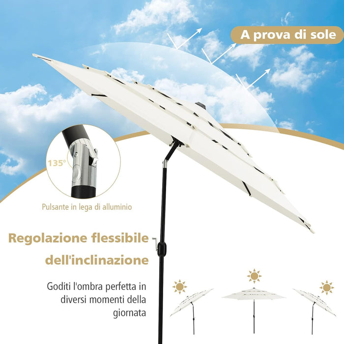 Ombrellone da Giardino 293 cm a 3 Livelli, Ombrellone da Esterno con Doppia Ventilazione, Inclinazione Regolabile, con Manovella 8 Stecche, Ombrellone da Spiaggia Giardino Piscina (Beige)