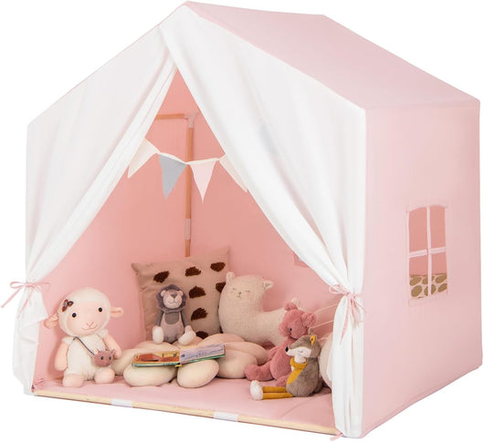 Tenda da Gioco per Bambini, Tenda per Bambini con Finestre Tappetino Lavabile in Cotone e Bandiera, Castello da Gioco per Bambini 3 Anni + (Rosa)