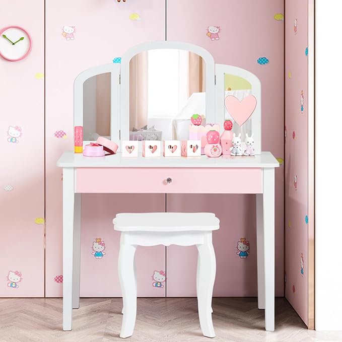 Toeletta Trucco per Bambina, Specchiera Trittica per Ragazza in Legno Robusto con Sgabello e Cassetto, Postazione Trucco 2 in 1 per Cameretta e Cmera da Letto, 95x70x34cm(Bianco)