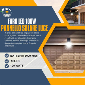 Faro LED Esterno 100W con Pannello Solare, Luce Solare 98 Potenti LED, Batteria 5000mAh