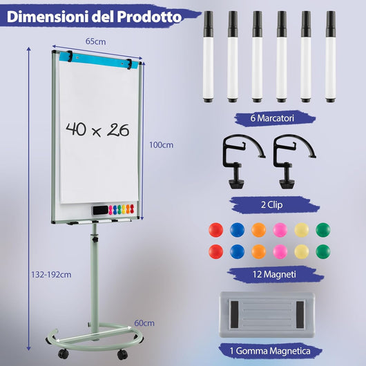 Lavagna Bianca Magnetica Mobile con Accessori, Lavagna Regolabile in Altezza e Angolo con Supporto Rotondo, 5 Ruote Bloccabili, 65 x 60 x 132-192 cm (Nero) (Verde)