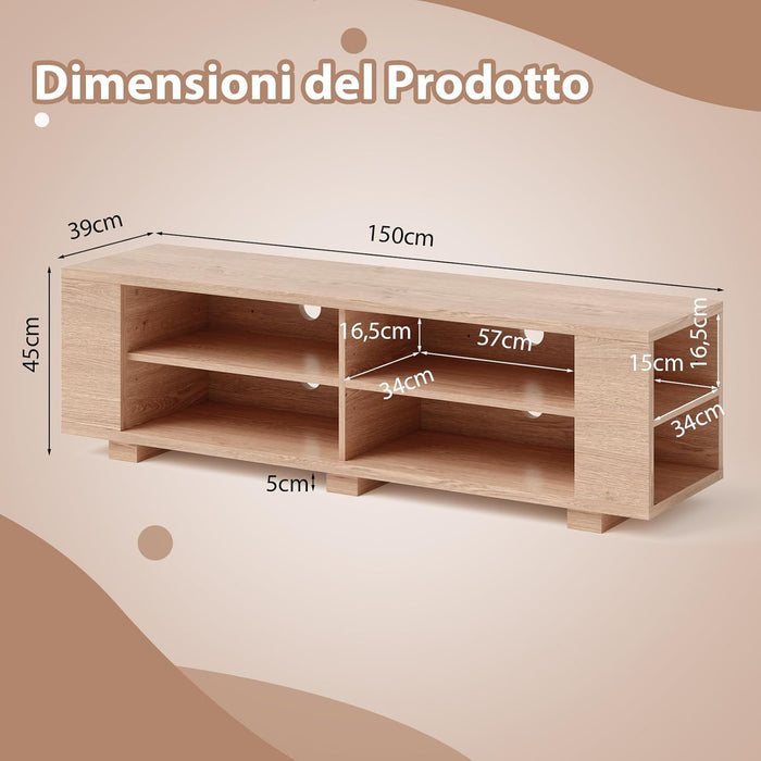 Mobile Porta TV per TV Fino a 65 Pollici, Mobile TV a 3 Livelli con 4 Scomparti Aperti, 4 Vani Laterali, Fori per Cavi, Stile Moderno, 150 x 39 x 45 cm (Naturale)