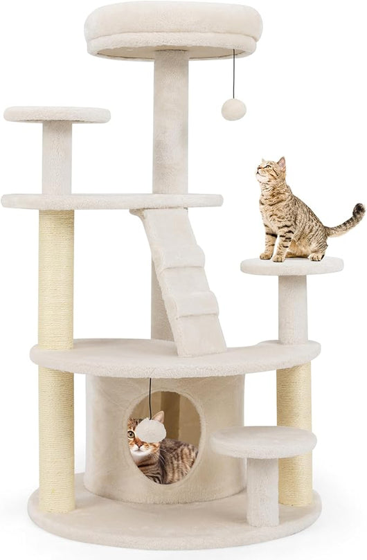 Albero per Gatti Adulti, Torre per Gatti Alta 101 cm con Condominio, Piattaforma Imbottita, Tiragraffi, Pallina di Peluche Pendente e Scala, Albero Tiragraffi in Legno per Interno (Bianco)